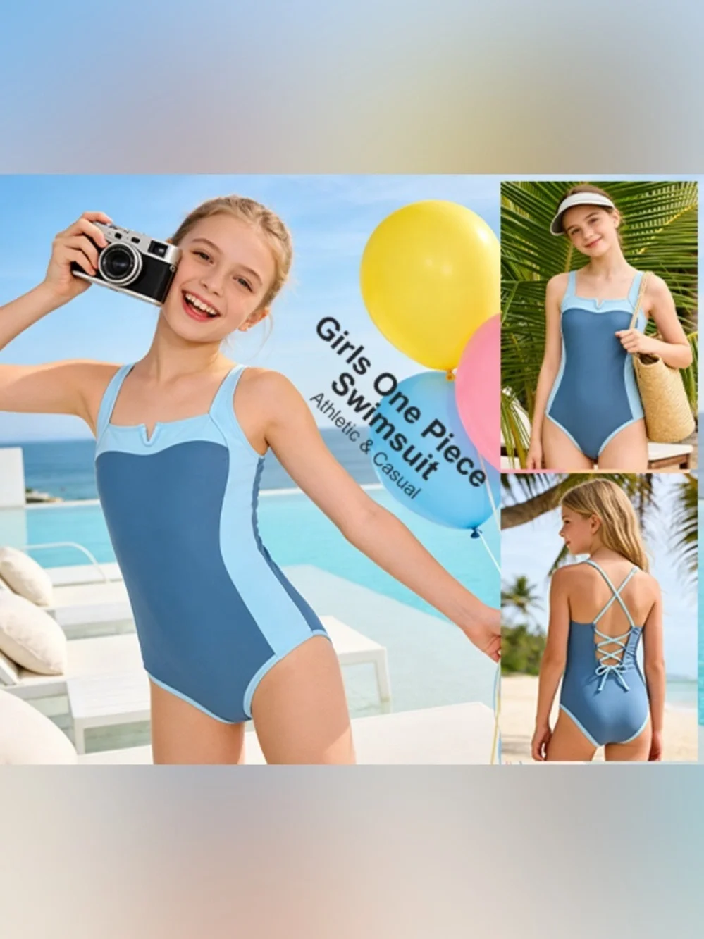 NWT-15-16 Girl Grey-Blue Adjustable Strap Color Block Padded Pool Beach Swimwear